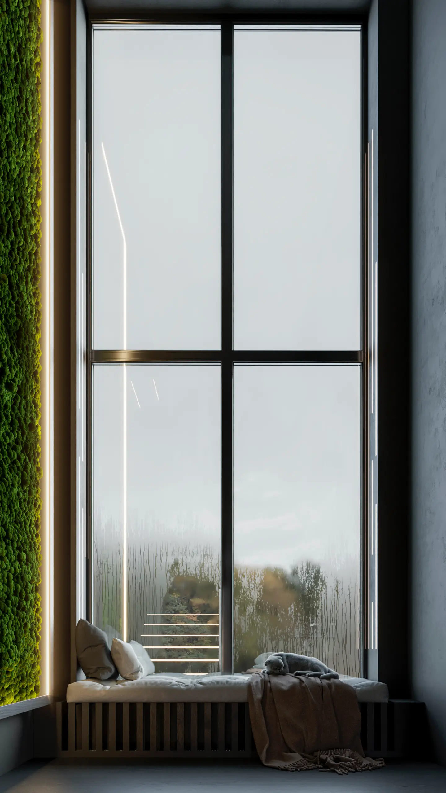 Витраж в современном интерьере, на пуфе под ветражем лежит кошка